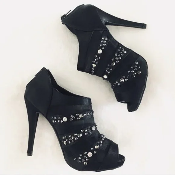Jeweled and Mesh Black Peep Toe Bootie High Heel | Sexy Fun Celebrity Socialite - Picture 7 of 7